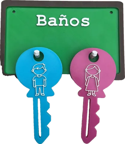 Tablero Baños impreso en 3D con dos llaves, azul con figura de niño y rosa con figura de niña