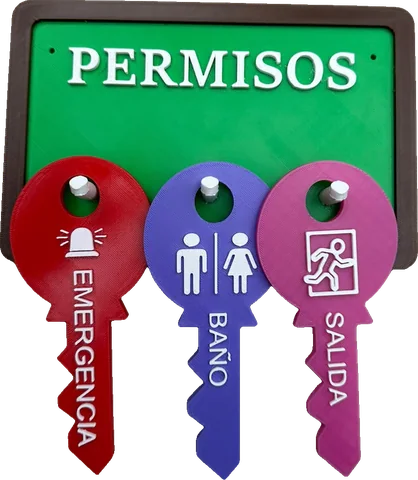 Tablero de permisos impreso en 3D con tres llaves: emergencia, baño y salida